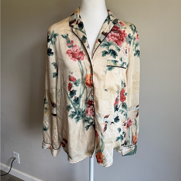 Zara Basic Cream Floral Bird Print Sleek Long Sleeve Sleep Top Womens L Basic - Picture 1 of 5